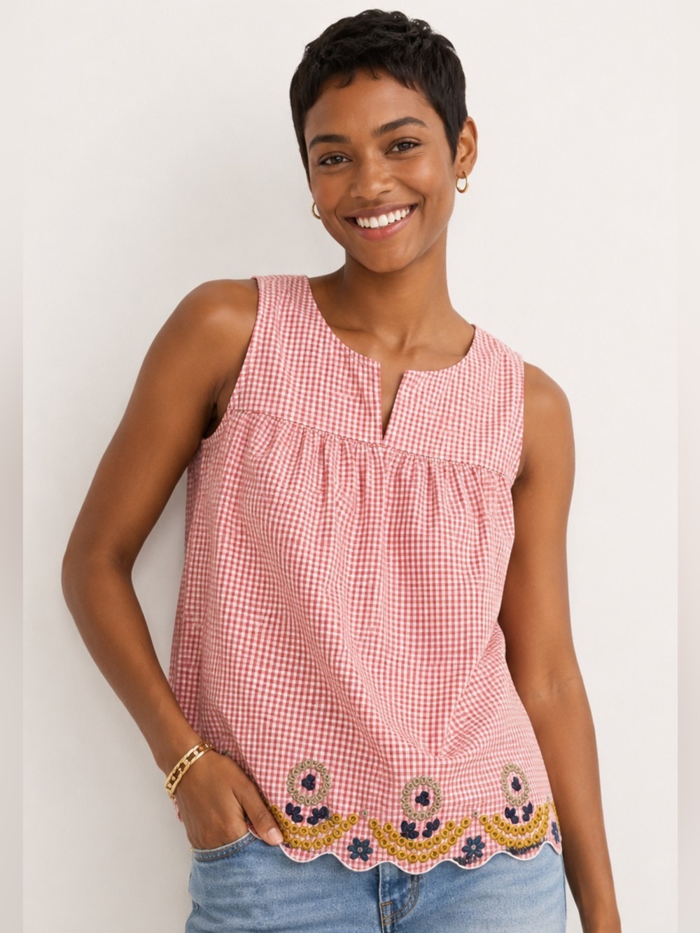 Madewell Red White gingham embroidered 100% cotton tank size XS